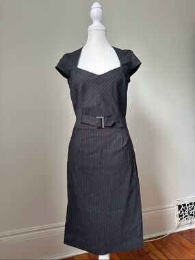 LE CHATEAU Vintage Pinstripe Belted Preppy Grunge Career Midi Dress Size Medium